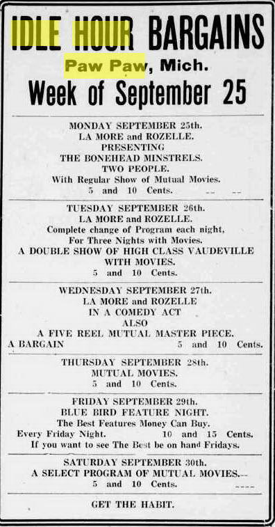 Idle Hour Theater - Sep 22 1916 Ad
